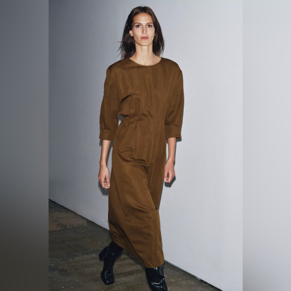 ZARA LINEN BLEND ZW COLLECTION PLEATED MIDI DRESS - Picture 9 of 9
